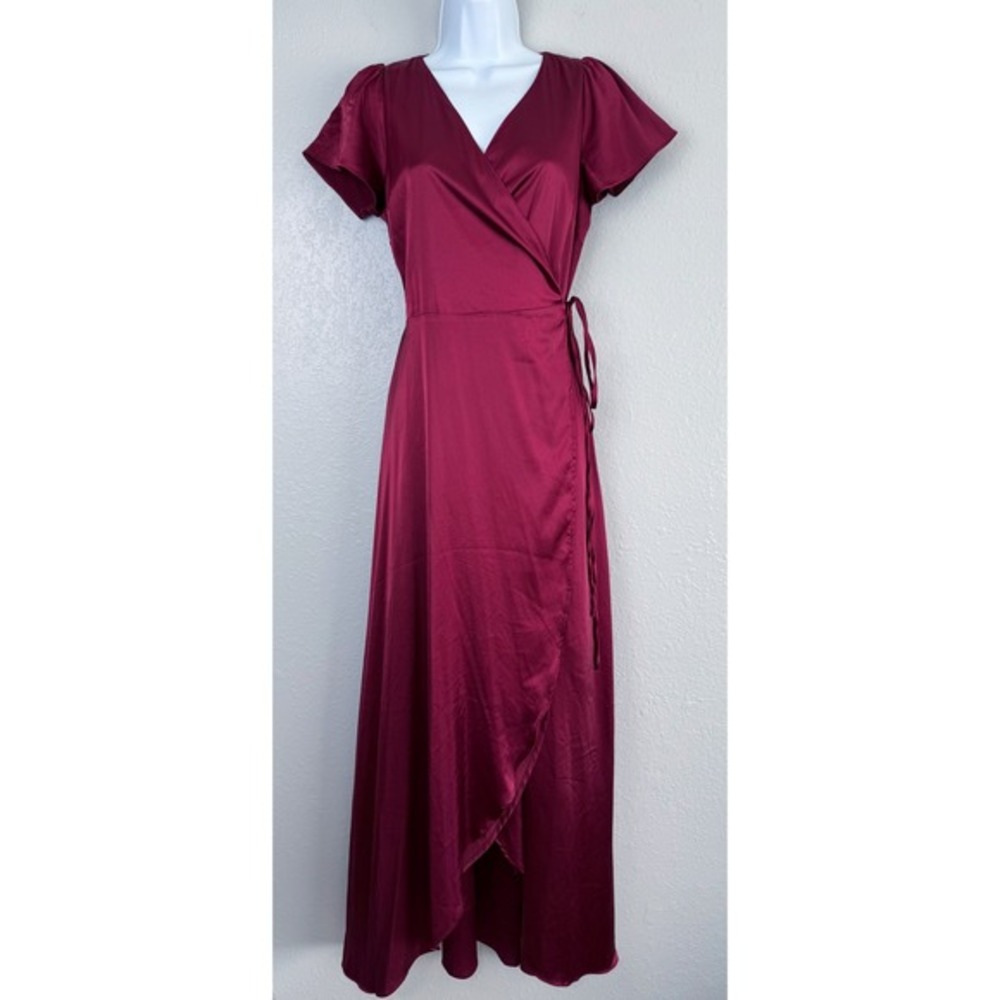 Baltic Born Burgundy Vera Satin Wrap Maxi Dress Short Sleeve burgundy Formal M - Picture 2 of 9